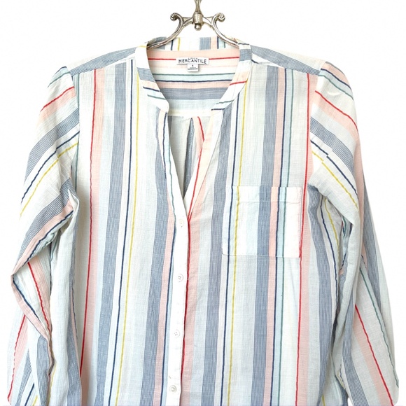 J.Crew Mercantile Women's Tie-Sleeve Striped Collarless Button Down Shirt Size S - Picture 3 of 11